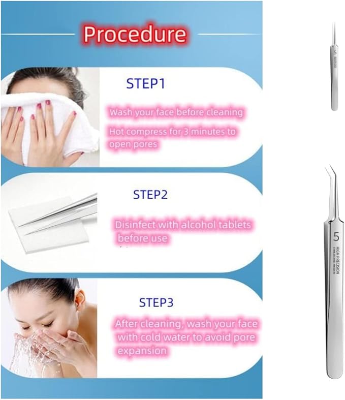 Professional Facial Blackhead Remover Tweezers,Extractor Acne Removal Kit Pimple Popper Tool, Clip for Whiteheads, Acne Clip, Ingrown Hairs Tweezers, Blackheads Remover Extractor, Stainless Steel