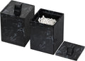 Jung Ford 2-Pack Marble Pattern Cotton Swab Holders with Lids, Resin Bathroom Vanity Storage Jars, Square Qtip Containers for Cotton Balls, Pads, and More (Black)