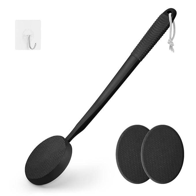 FY&XZH Lotion Applicator for Back, Feet & legs, Long Plastic Handle Moisturizer Cream, Self Tanning, Sunscreen, Ointment, Medicine Back Applicator for Elderly Men or Women with 4 Washable Pads (Dark)