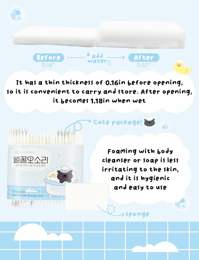 Disposable Bath Sponge White 24Pack / Easy to Carry Anytime, Anywhere/Travel, Camping, Clean Shower Supplies