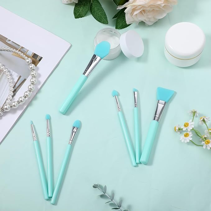 cobee 7 Pcs Silicone Brush Applicator Kit, Silicone Paint Brush Makeup Brush, Face Mask Applicator Jelly Brush Eye Cream Applicator Tool for Sleeping Mask, Mud Mask, Body Lotion And Body Butter(Green)