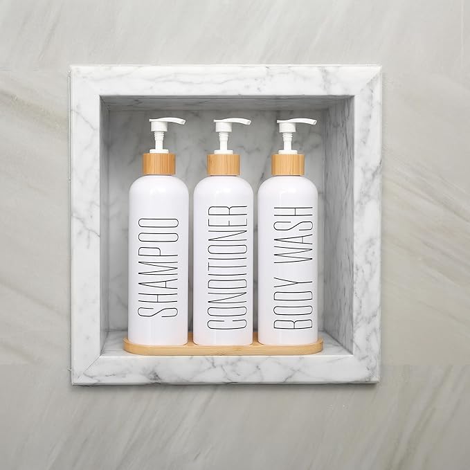 Shampoo and Conditioner Dispenser, Contains Shampoo Conditioner Body Wash Dispenser. Shower Soap Dispenser with Bamboo Pumps & Tray, Perfect for Modern Bathroom Decor. (White)