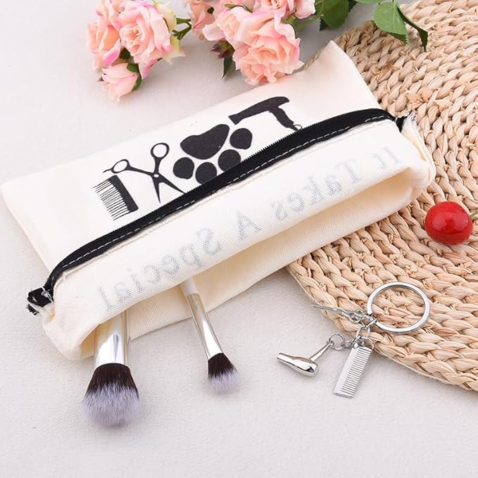Dog Groomer Makeup Bag for Dog Hairdresser Brithday Valentines Day Gifts for Her Him Dogs Mom Dad Canvas Storage Bags with Hairdresser Keychain Dogs Hair Stylist Travel Toiletry Bag with Zipper