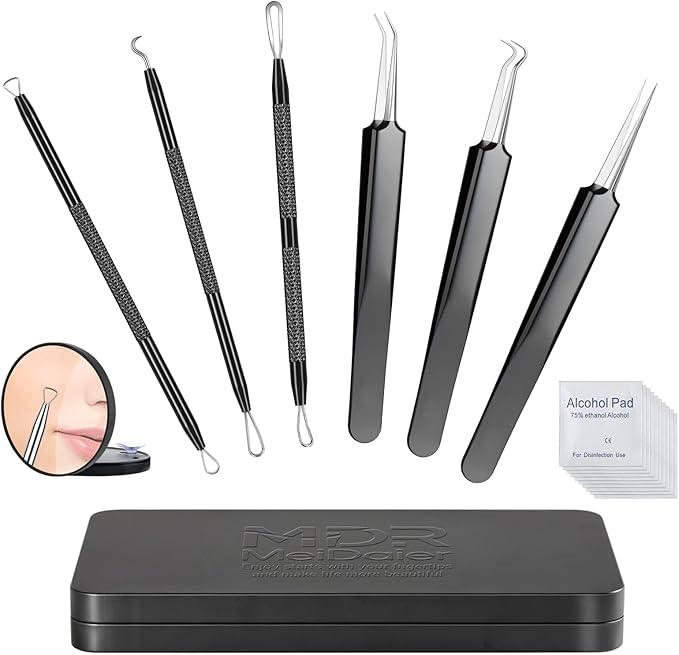 Pimple Popper Tool kit Blackhead Remover Comedone Extractor Kit with Box for Easily Remove blackheads, Acne, Blemishes, Whiteheads, pimples and Papules from the face and Bonus Gift -6pcs