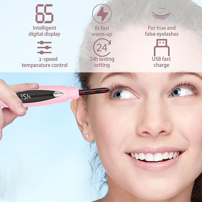 Heated Eyelash Curlers, Heated Lash Curler Rechargeable Eyelash Curler Natural 24 Hours Long-Lasting, Electric Eye Lash Curler Heating with 3 Temp Settings Makeup for Girls Women, Pink