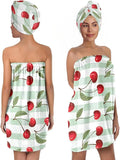 Cherry Print Bath Wrap Skirt and Hair Drying Cap Set – Absorbent Microfiber Shower Spa Towel with Elastic Non-Slip Closure, Quick Dry Lounge Gift (Cherry 5)