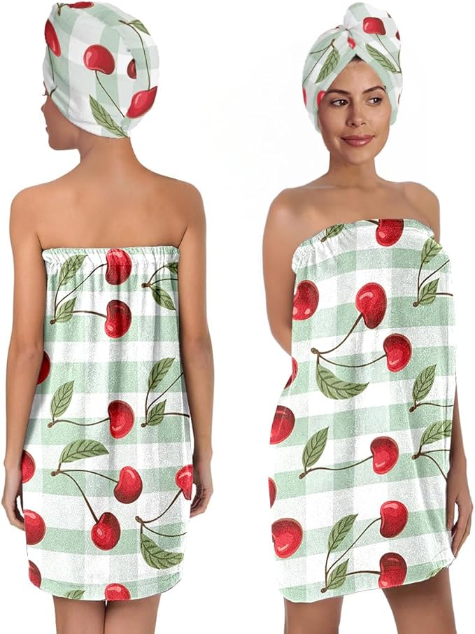 Cherry Print Bath Wrap Skirt and Hair Drying Cap Set – Absorbent Microfiber Shower Spa Towel with Elastic Non-Slip Closure, Quick Dry Lounge Gift (Cherry 5)
