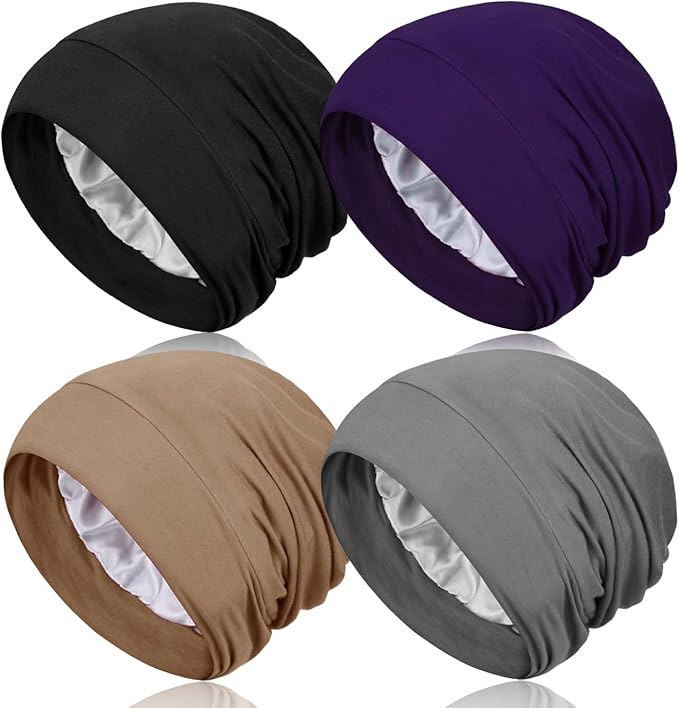 4 Pieces Satin Lined Sleep Bonnet - Adjustable Sleeping Cap Slouchy Beanie Hat for Curly Hair