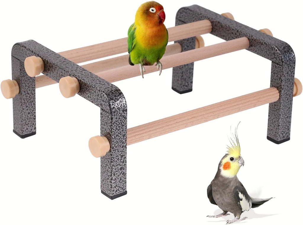Small Bird Parrot Training Perch Stand for Parakeet Budgies Cockatiel Conure, Durable Heavy Duty Rustproof Metal Frame with 4 Wooden Bars for Bird to Play Climb and Exercise Table Toy