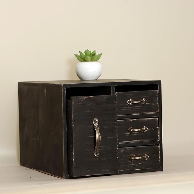 Rustic Beauty Organizer 4 Drawers - kitchen storage Wooden Cosmetic Storage Box for Neat & Home Office Desk &Organize &Storing of Makeup Tools,Bathroom Counter-top(Black, L)