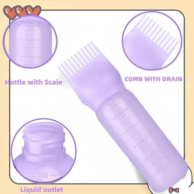 2 Pack Root Comb Applicator Bottle Oil Applicator for Hair Dye Hair Oiling Bottle with Graduated Scale, 6 Ounce (Purple & White)