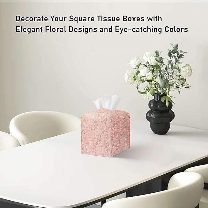 Tissue Box Holder Cover Square Tissue Cube Cover PU Leather Tissue Organizer with Bottom Belt for Bathroom, Tabletop, Kitchen, Night Stands, Office, Home, Car (2, RosyPink)