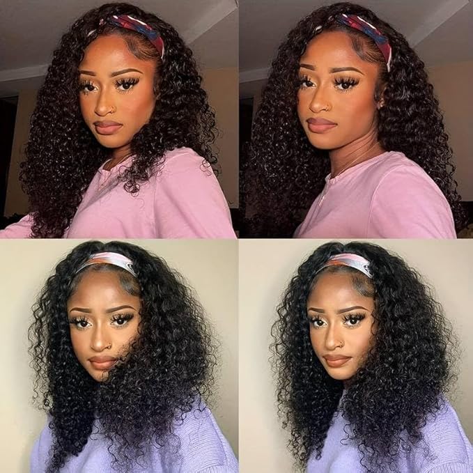 XSY 30 Inch Headband Wig Human Hair Deep Wave Glueless None Lace Front Wigs for Black Women 150% Density Curly Long Headband Wig Natural Color