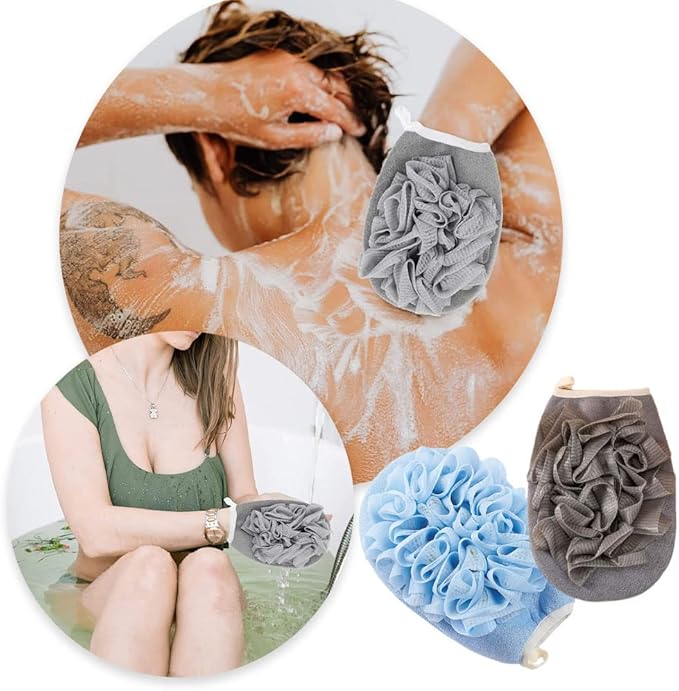 2 Pcs Bath Shower Pouf Sponge 2 in 1 Exfoliating Mesh Pouf Sponge Loofah Bath Glove with Elastic Hand Strap for Women Men Kid Bathroom