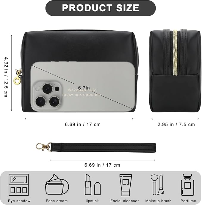 Small Makeup Bag Travel Cosmetic Bag Toiletry Zipper Pouch Make Up Organizer Bag with Handle Purse for Women Soft PU Leather Skincare Case (Black)