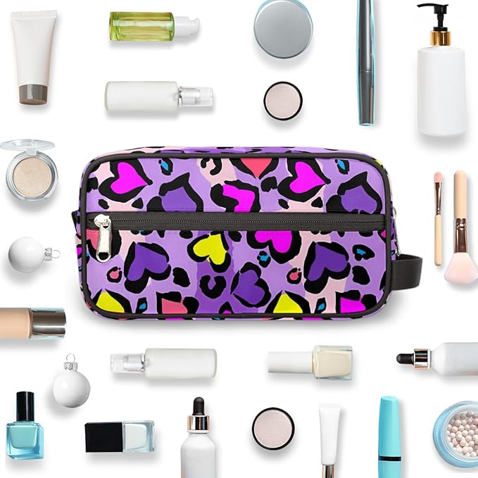 Heart Shape Leopard Skin Print Kids Toiletry Bag for Boys Girls, Cosmetic Makeup Bag with Handle, Travel Shaving Kit Organizer, Waterproof Portable Wash Bag for Gym Vacation Camping Sports