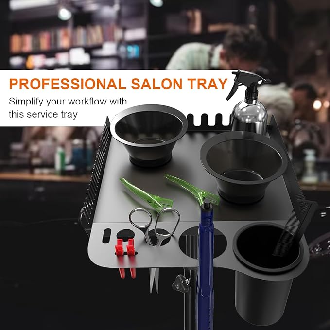 Salon Rolling Tray with 2 Magnetic Bowls, Professional Tool Tray Cart, Hair Extension Tray for Hairdressers, Color Tray Trolley for Hair Salon Home Use