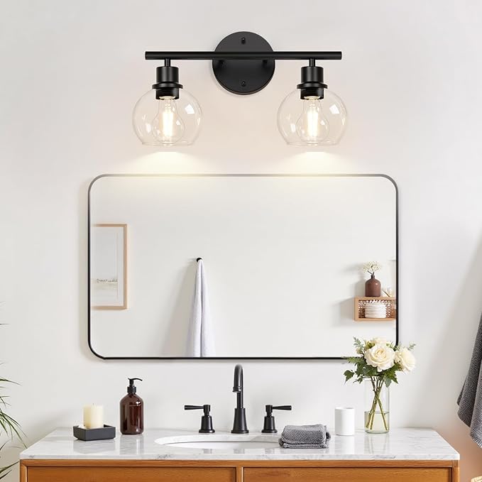 2-Light Bathroom Vanity Light, Matte Black Bathroom Light Fixture Over Mirror with Clear Glass Globe Shades, Modern Farmhouse Wall Sconce for Bathroom, Kitchen, Bedroom, Hallway