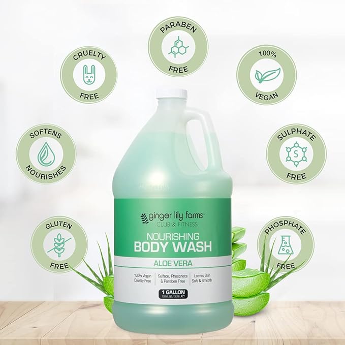 Ginger Lily Farms Club & Fitness Nourishing Body Wash, 100% Vegan & Cruelty-Free, Bath & Shower Gel for Men and Women, Aloe Vera Scent, 1 Gallon (128 fl. oz.) Refill