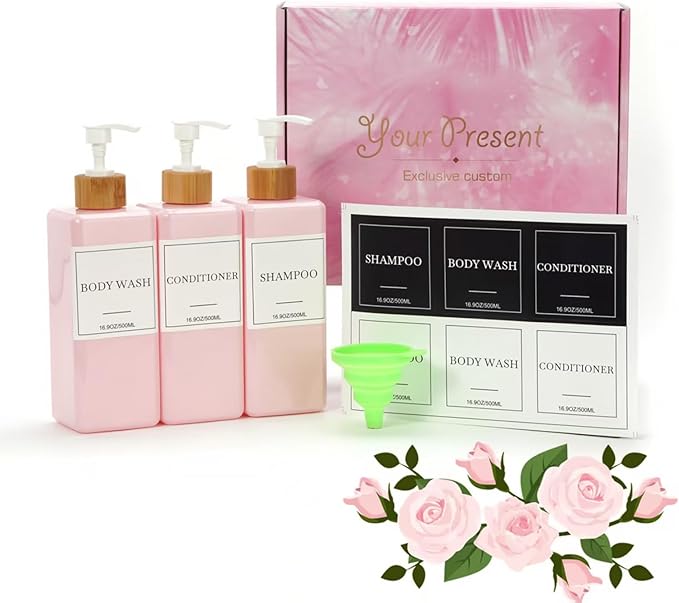 Shampoo and Conditioner Dispenser for Shower, Refillable Shampoo and Conditioner Bottles Body Wash Dispenser with Waterproof Labels, 3PCS Soap Dispenser Bathroom Pink White Empty Pump Bottle