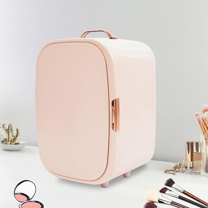 12L Mini Skincare Fridge, Compact Cosmetic Fridge with Cooling & Heating White Portable Beauty Fridges with Partition Boards and Handle for Bedroom Dorm Office (Pink)