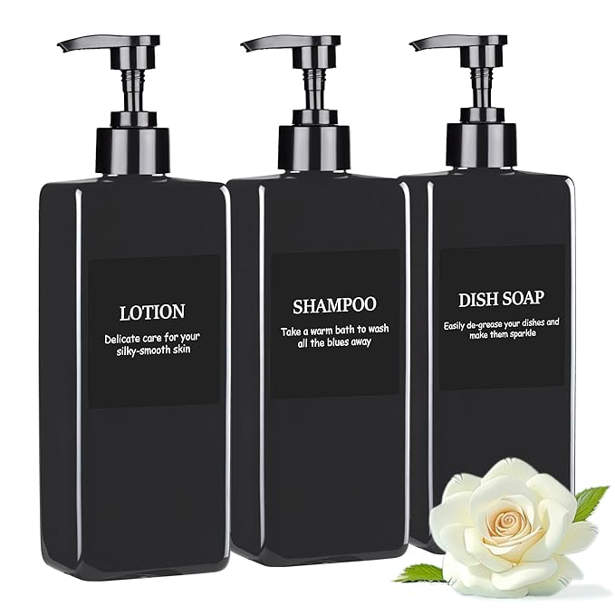 Refillable Shampoo and Conditioner Dispenser Plastic Shampoo Pump Bottles Set for Bathroom with Waterproof Labels
