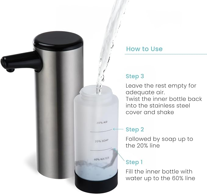 Home Zone Living Foaming Hand Soap Dispenser with Stainless Steel Outer Cover, Refillable Pump for Kitchen and Bathroom Sinks