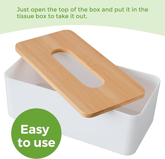Tissue Box Cover, Rectangle Tissue Box Holder with Bamboo Cover Plate for Bathroom Bedroom, Decorative Tissue Box Covers for Home Decor Office, White
