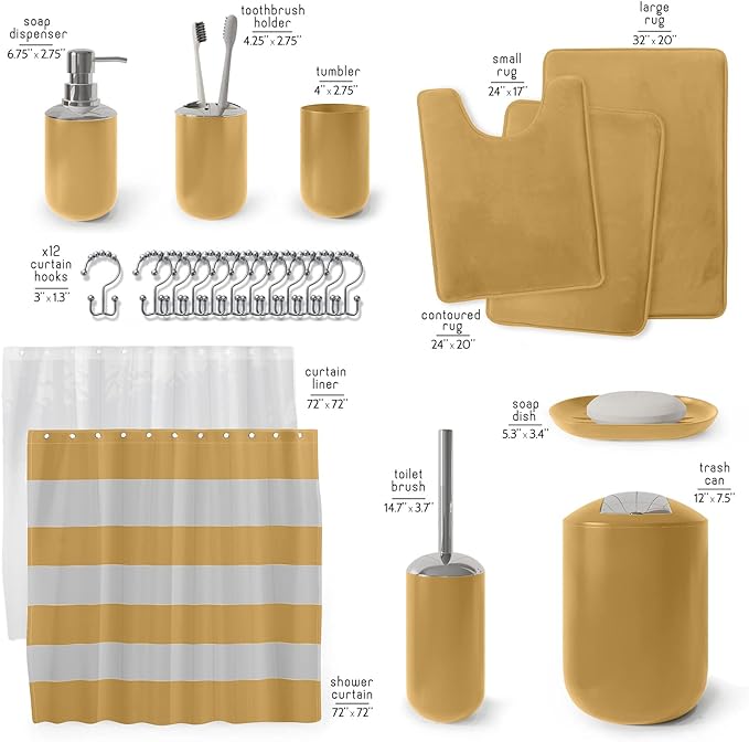 Clara Clark Bathroom Set – Bathroom Sets with Shower Curtain and Rugs, Soft Bathroom Rugs Non Slip, 23PC Gold Bathroom Accessories Set Complete with Bath Rugs, Shower Curtain Set with Liner and Hooks