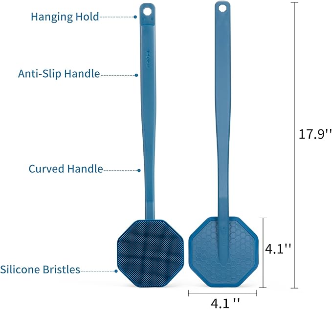 iTokGoK® All New Premium Silver-Infused Silicone Back Scrubber with Long Handle Back Brush for Shower,Back Brush Long Handle for Men and Women,Ergonomic No-Slip Handle, Long-Lasting (Blue)