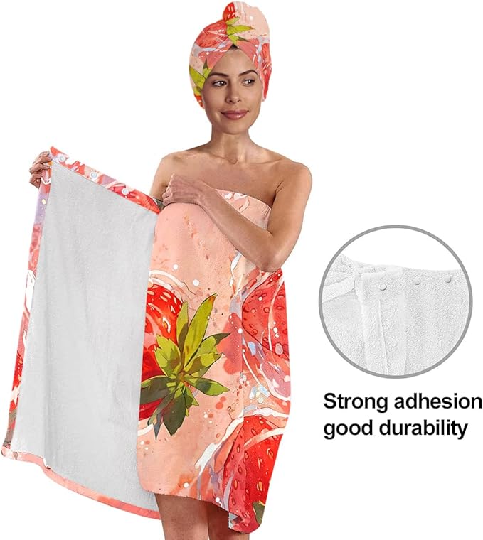Women’s Strawberry Print Bath Towel and Hair Wrap Set, Soft Absorbent Microfiber Shower Body Wrap with Elastic Closure, Quick-Dry Lightweight Spa Towel Ensemble for Home, Gym & Travel (Strawberry 3)