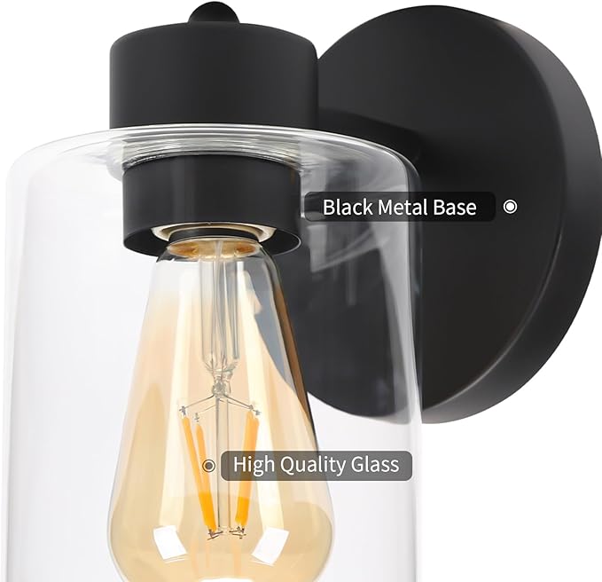 Black Bathroom Wall Sconces: Vanity Fixtures with Clear Glass Shade, E26 Base Hardwired Farmhouse Wall Lights for Bedroom Living Room Bathroom (Bulb not Included)