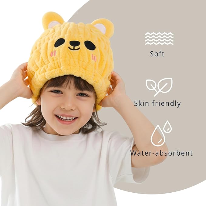 Microfiber Hair Towel Wrap for Kids, Yellow Bear Dry Hair Cap Suck Water, Absorbent Quick Girls Boys Hair Drying Towel, Lightweight Bouncy Hat Headscarf