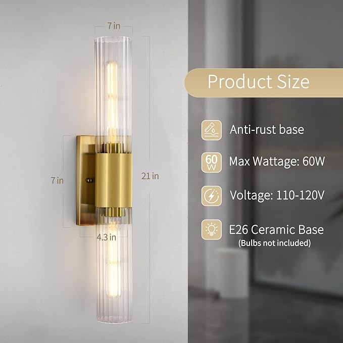 21" Gold Bathroom Sconces Set of 2 , Modern Wall Sconces Set of Two with Threaded Glass, Hardwired Up Down Wall Lighting Vanity Fixtures for Bedroom Bathroom Living Room Hallway (Bulb Not Included)