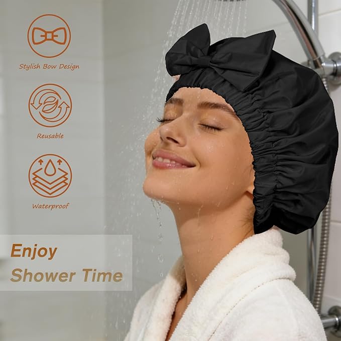 Reusable Shower Cap for Women with Stylish Bow, Non-Slip Waterproof Anti Humidity Bathing Cap, Roomy Anti Frizz for Short Medium Straight Wavy Hair, Soft Elastic & Machine Washable, Black