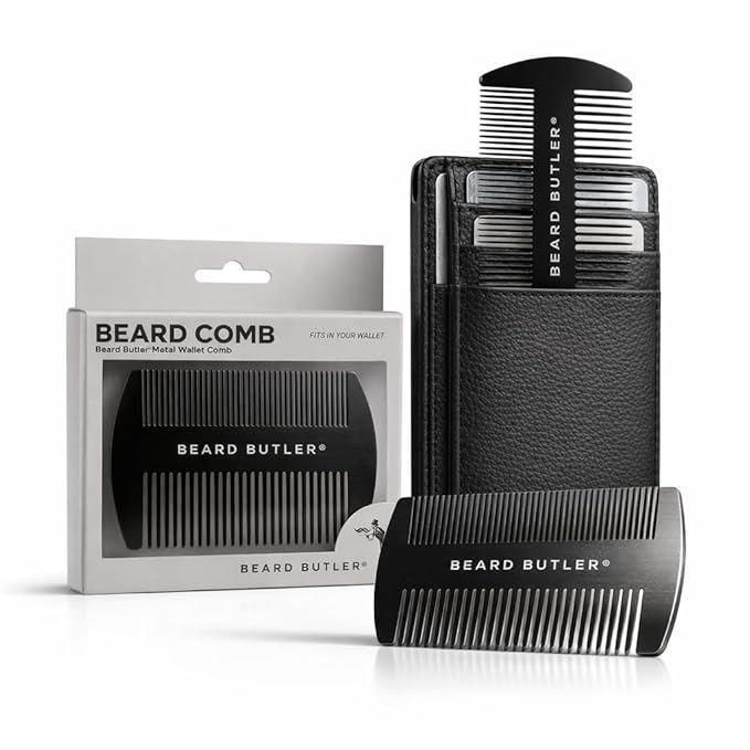 Beard Butler® 'The Original' Metal Wallet Comb – Slim Credit Card Beard & Mustache Comb for Men – Portable Stainless Steel – Fits in Wallet or Pocket – Perfect Beard Gift - Black