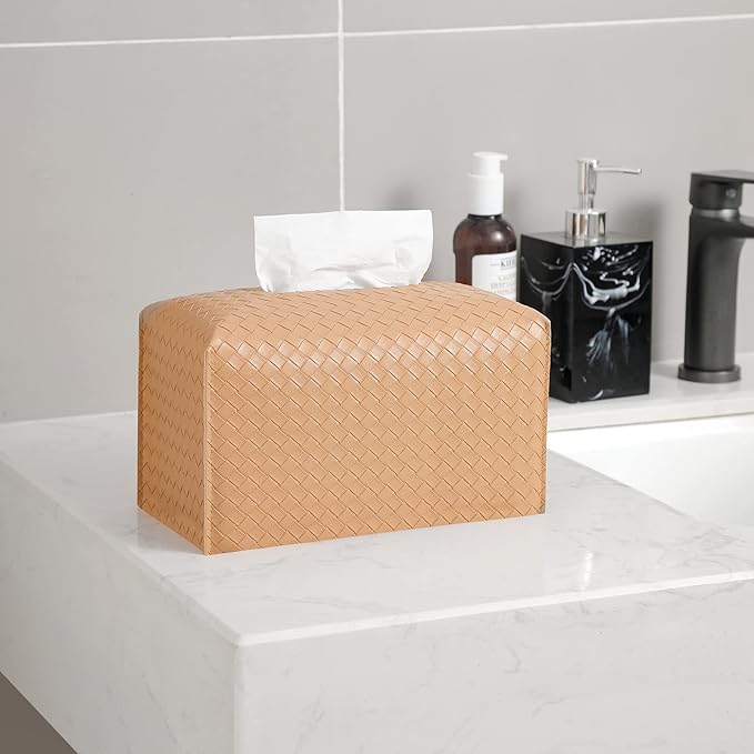 Tissue Box Cover PU Leather Tissue Holder Square Facial Tissue Case Facial Paper Organizer Dispenser for Bathroom, Vanity Countertop, Tabletop, Car, Rectangle, Khaki
