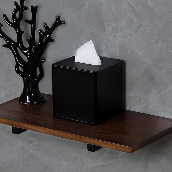 Tissue Box Cover Square PU Leather Facial Tissue Box Holder for Dresser Bathroom Decor (Black)