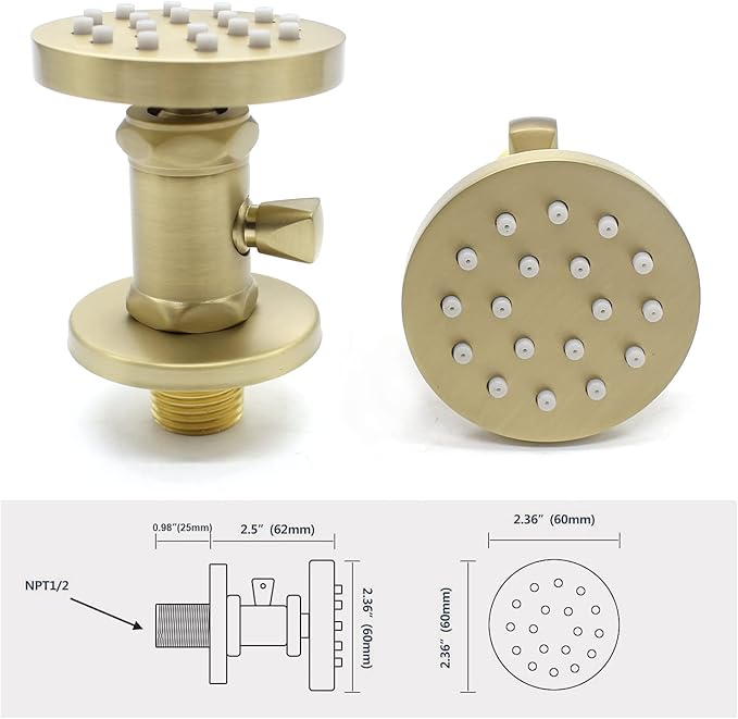 (Upgrade) Solid Brass Shower Jets with On Off Switch Brushed Gold Round Shower Body Sprays Massage Wall Jets Rotating Showerhead Body Sprayers Adjustable, NPT 1/2”