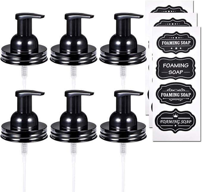 Amolliar Mason Jar Foaming Soap Dispenser Pump Lids, Foaming Pump Replacement Kit for Pint Regular Mouth Mason Jar, Refill Hand Soap, Waterproof Stickers, Kitchen Bathroom Farmhouse Decor, Black 6Pack