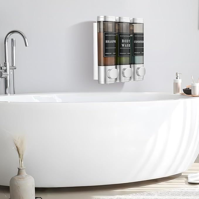 Shower Soap Dispenser 3 Chamber No Drill Wall-Mounted,Shampoo and Conditioner Dispenser Shampoo Dispenser for Shower Wall Mounted Body Wash Dispenser for Bathroom Hotel Kitchen Large Capacity