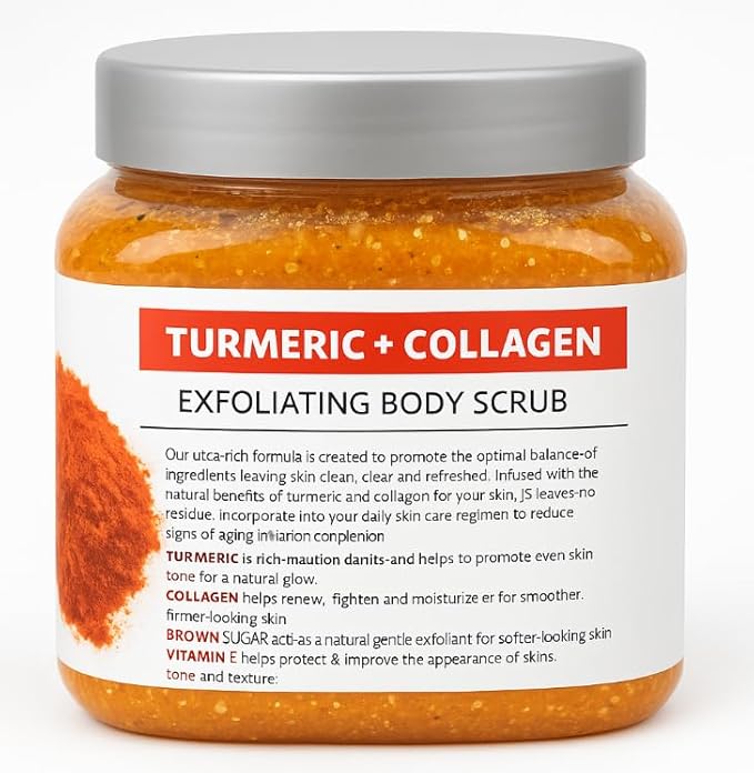 SpaScriptions Turmeric & Collagen Sugar Scrub - Brightening Body Scrub Exfoliator with Brown Sugar & Vitamin E, Ideal for for Dull & Uneven Skin Tone, Helps Support Glowing, Smooth & Firm Skin, 21 oz