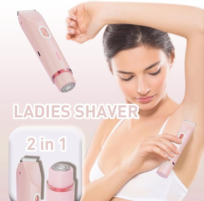 Bikini Trimmer for Women,2-in-1 Electric Razors for Womens with Painless Ceramic Blades,Waterproof Wet & Dry Use,Rechargeable Dual Head Electric Shaver for Pubic Legs Underarm Face Hairs& Body