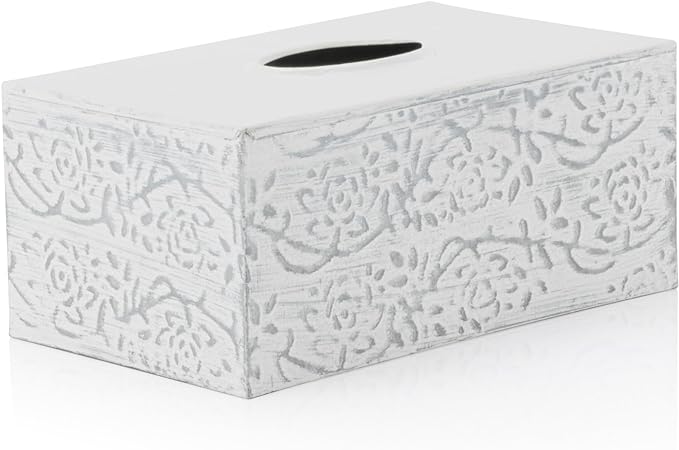 Modern Farmhouse Decorative Tissue Box Holder - Distressed White, Rustic Metal Design for Bathroom