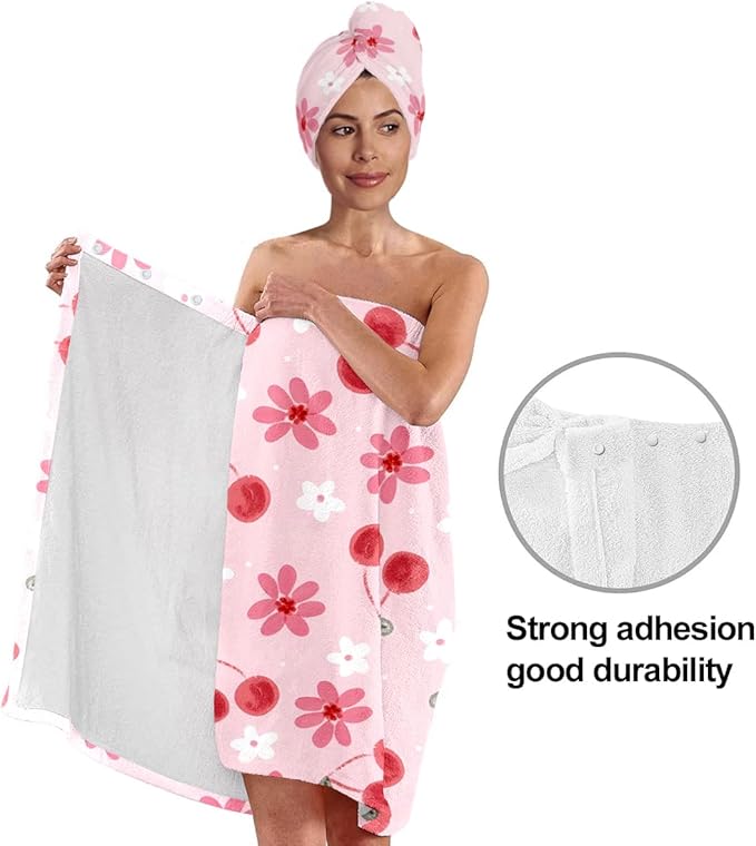 Cherry Blossom Bath Wrap with Hair Drying Towel – Soft Pink Microfiber Shower Skirt and Turban Set for Women, Quick Dry Absorbent Spa Wrap (Cherry 7)