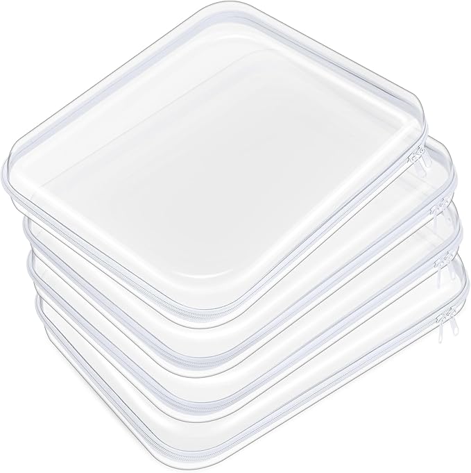 Hoolerry 4 Pcs Hard Clear Zipper Case Makeup Bags Plastic Zipper Pouch Transparent Storage Box Containers for Cosmetics, Snacks, Building Blocks, Puzzles(Clear,13.8 x 11.8 x 2 in,White)