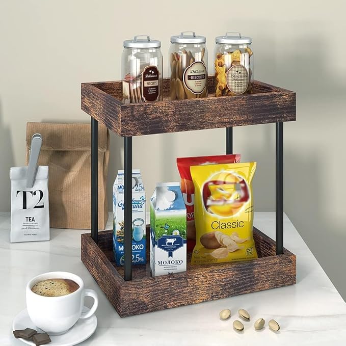 2 Tier Bathroom Organizer Countertop, Wooden Bathroom Trays for Counter Vanity Organizer Cosmetic Storage Vanity Organizer, Coffee Station Organizers, Kitchen Spice Rack