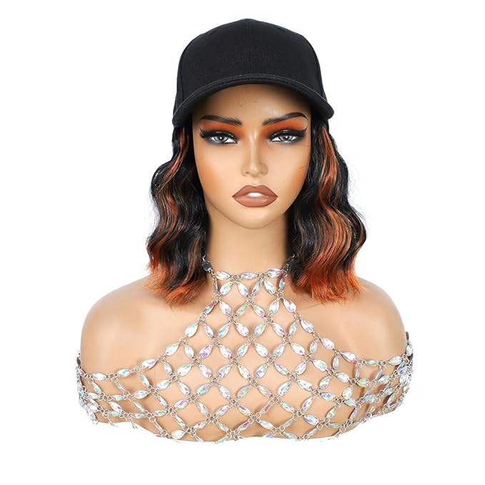 GUOJIAN Hat Wigs for Women 6' Short Wave Baseball Cap Wigs with Curly Hair Extensions Synthetic Wave Wig Adjustable Hat with Hair Attached for Daily Use (1B/350, 6inch)