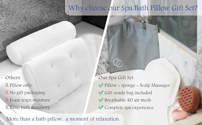 Bath Pillows for Tub Neck and Back Support Luxury Bathtub Pillow 4D Mesh Bath Pillow with Non-Slip Suction Cups Spa Bathtub Accessories Set with Bath Sponge & Scalp Massage Brush Relax Gifts for Women