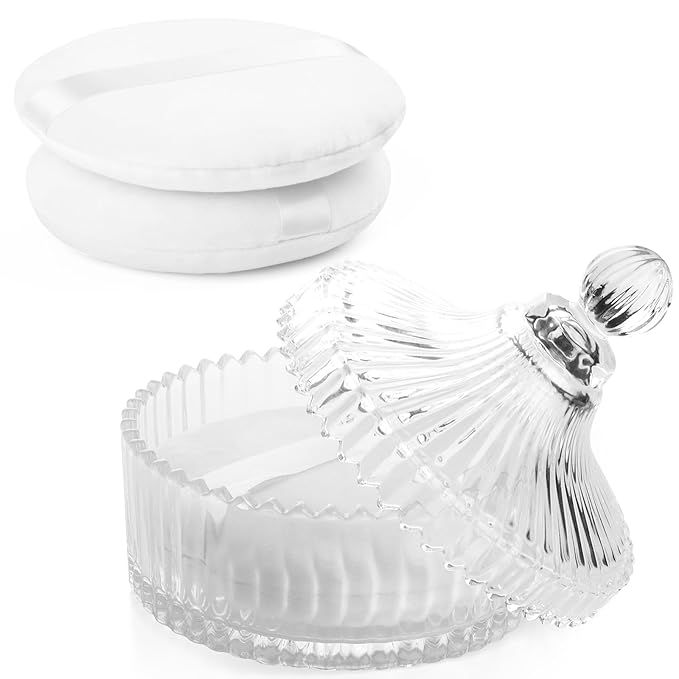 3Pcs Extra Large Body Powder Puff & Luxury 6" Glass Jar Dusting Powder Container with Puff for Women Bath Powder Puffs Perfect for Talcum or Loose Powder (White)